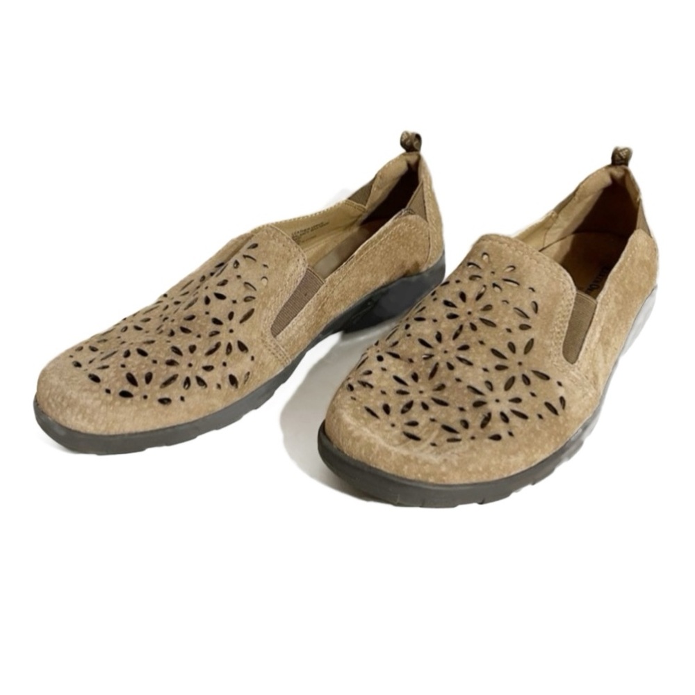 Earth Origins Rikki Suede Leather Slip On Loafer Flats Laser-cut Shoes Brown 🤎